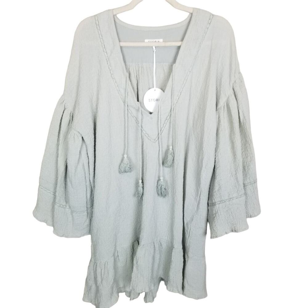 Storia Womens Peasant Tunic Dress M Tasseled Boho Cottagecore Hippie Ruffle Hem